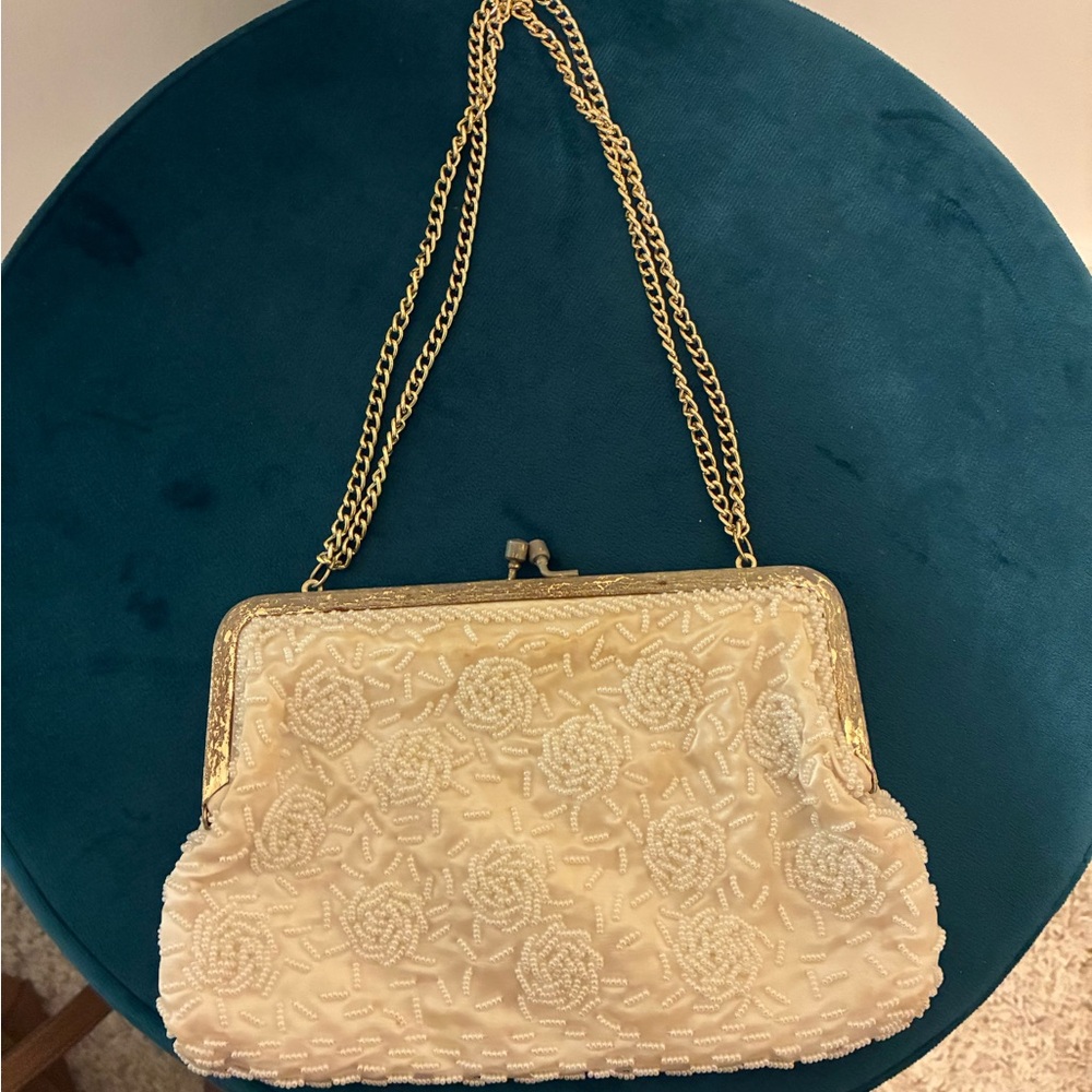 Vintage White Cream Beaded Clutch with Gold Chain